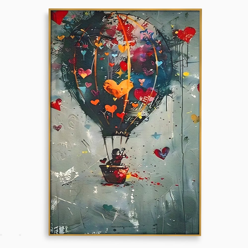 Tablou canvas cu tablou canvas cu balon cu aer cald si inimi, in rama de aluminiu auriu